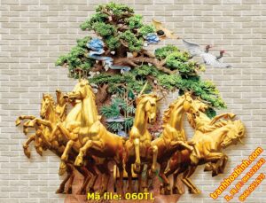 Tranh Tường Bát Mã Cây Tùng Chim Hạc 060TL – File gốc in tranh 3D
