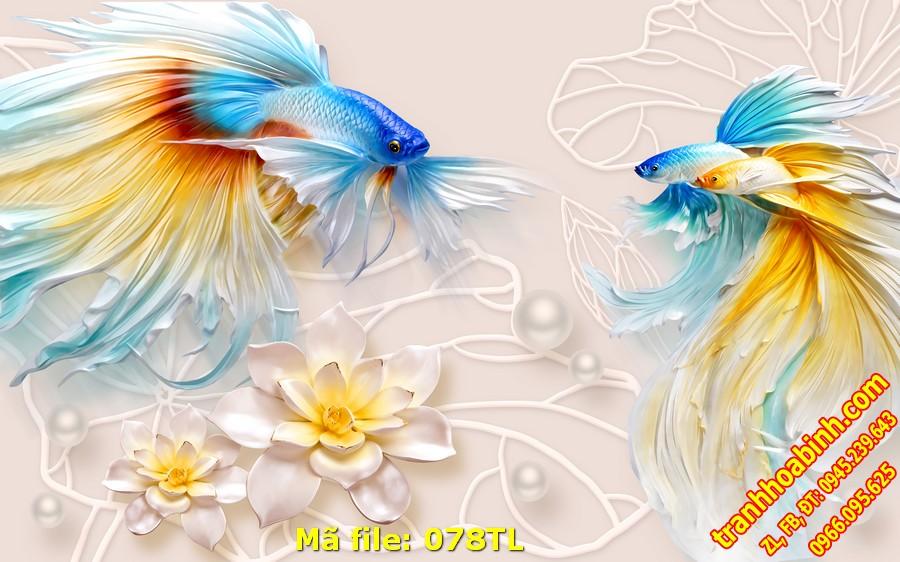 Tranh tường Hoa Sen Cá Vàng 078TL - File hình gốc in tranh 3D