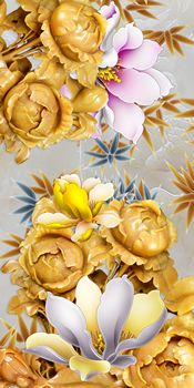 Tranh Hoa cúc hoa đào giả ngọc 162TL – File gốc in tranh tường tranh lụa 3D