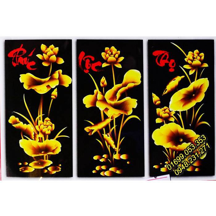 Tranh thêu 3 bức Hoa sen vàng Phúc Lộc Thọ - 222427