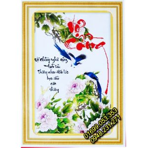 Tranh thêu thư pháp Vợ Chồng – hoa mẫu đơn – 222457