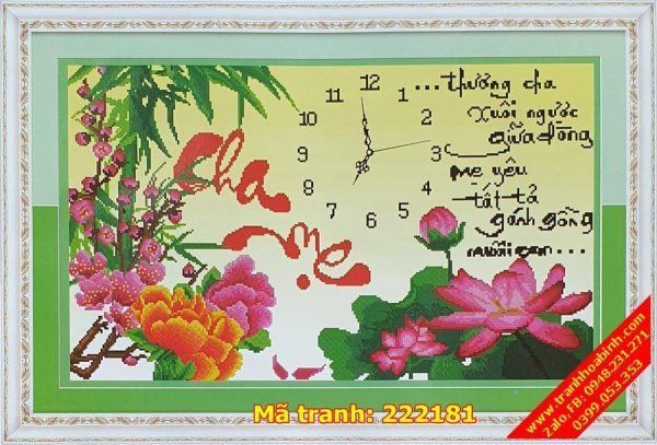 Tranh thêu chữ thập thư pháp Cha Mẹ 222181 - Đồng hồ Hoa Sen