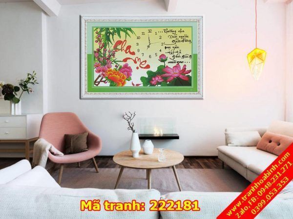 Tranh thêu chữ thập thư pháp Cha Mẹ 222181 - Đồng hồ Hoa Sen