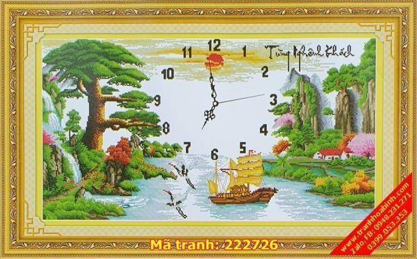 Tranh thêu chữ thập đồng hồ tùng nghênh khách 222726