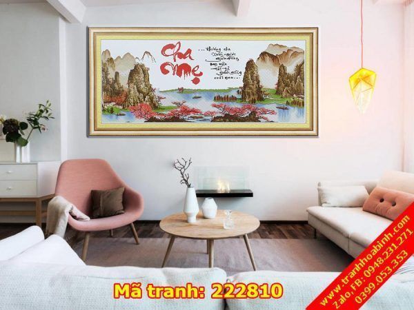 Tranh thêu chữ thập thư pháp Cha Mẹ 222810 - Tranh thêu phong thủy