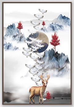 Hươu Nai và Đàn Chim 420TL – File gốc psd tranh in deco lụa kính canvas