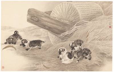 File tranh Đàn Chó con 468 - File gốc tranh Thủy Mặc trang trí