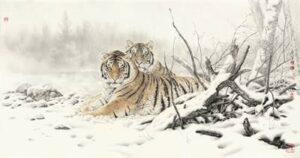 File tranh Đôi Hổ Trong Rừng Tuyết 471 – File gốc tranh Thủy Mặc