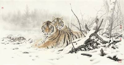 File tranh Đôi Hổ Trong Rừng Tuyết 471 - File gốc tranh Thủy Mặc