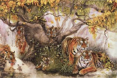File tranh Ngũ Hổ Tướng 496 - File gốc tranh 5 con Hổ trong rừng