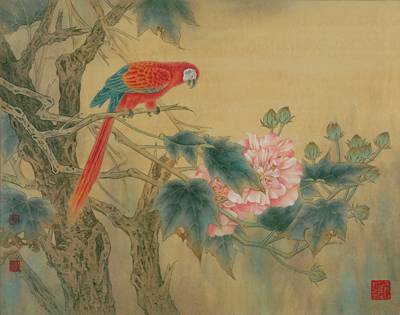 File tranh Chim Vẹt Hoa Mẫu Đơn 534 - File gốc Tranh Hoa Cỏ