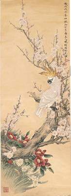Chim Vẹt Trên Cây Hoa Đào 543 – File gốc Tranh Hoa Cỏ
