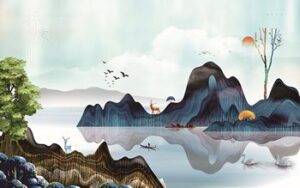 Tranh phong cảnh sông núi 665TL – File gốc psd tranh in deco lụa kính 3D