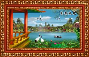 Hoa Sen Chim Hạc Hồ Nước 693 – File gốc PSD Tranh Phong Cảnh