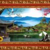 Chim Hạc trên Hồ Nước 694 - File gốc PSD Tranh Phong Cảnh