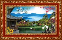 Chim Hạc trên Hồ Nước 694 - File gốc PSD Tranh Phong Cảnh