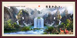 Tranh Núi Thác Nước Hươu Nai 804 – File gốc PSD Tranh Phong Cảnh