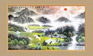 Tranh Chim Hạc Mây Núi 825 – File gốc PSD Tranh Phong Cảnh