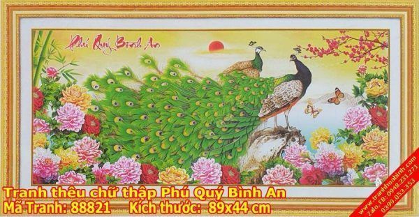 Tranh thêu chữ thập Phú Quý Bình An 88821 Chim Công Mẫu Đơn