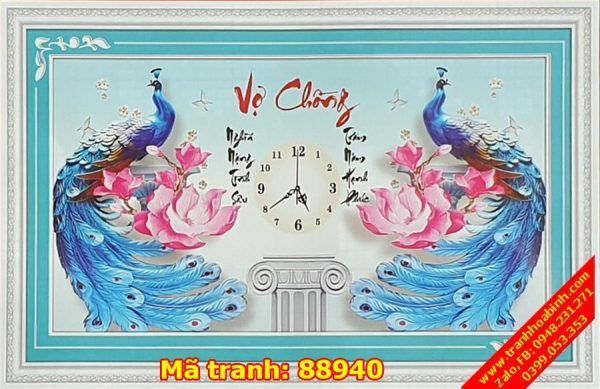 Tranh thêu chữ thập thư pháp vợ chồng 88940 - Đồng Hồ Chim Công Hoa Lan