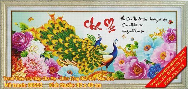 Tranh thêu chữ thập Cha Mẹ Chim Công Hoa Đào Mẫu Đơn 88952