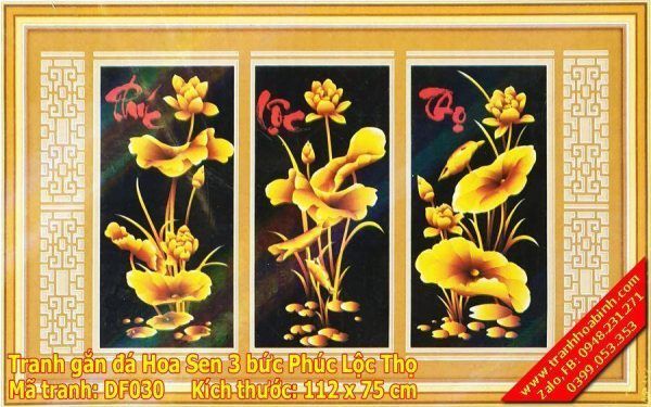 Tranh gắn đá Hoa Sen 3 bức Phúc Lộc Thọ DF030