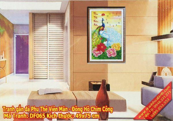 Tranh gắn đá Phu Thê Viên Mãn DF065 - đồng hồ chim công Mẫu đơn