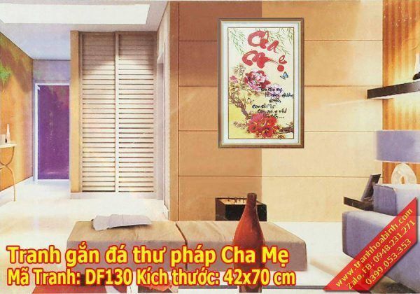 Tranh gắn đá chữ Cha Mẹ - Cành Liễu Hoa Mẫu Đơn DF130