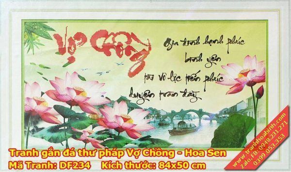 Tranh gắn đá Thư pháp Vợ Chồng Hoa Sen DF234