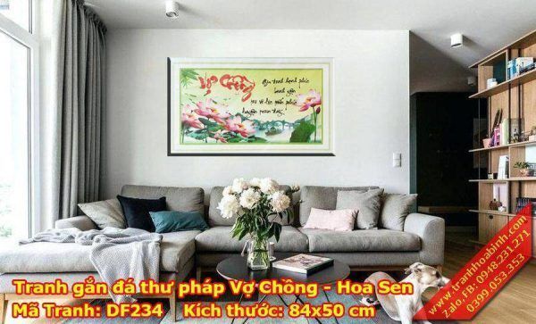 Tranh gắn đá Thư pháp Vợ Chồng Hoa Sen DF234