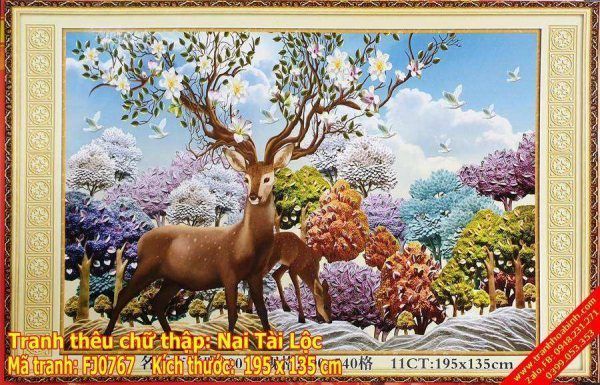 Tranh thêu chữ thập Hươu Nai Tài Lộc FJ0767