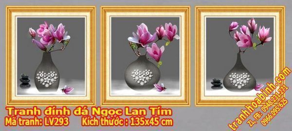 Tranh gắn đá Ngọc Lan Tím LV293 - Bình Hoa Lan 3 bức