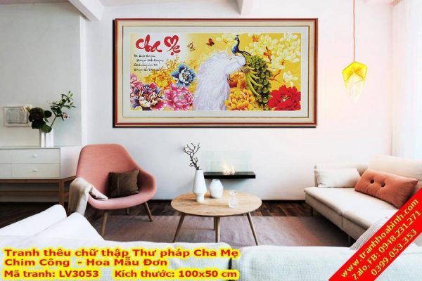 Tranh thêu chữ thập thư pháp Cha Mẹ LV3053