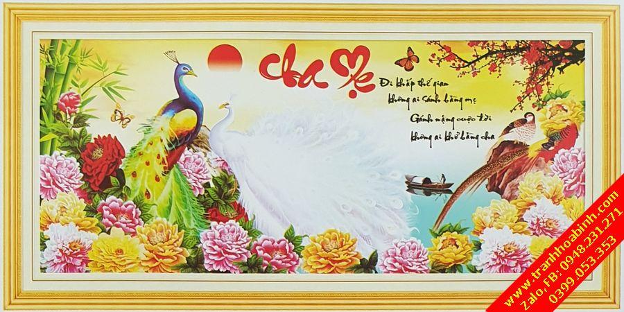 Tranh thêu chữ Cha Mẹ Chim công hoa mẫu đơn LV3061
