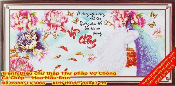 Tranh thêu chữ thập thư pháp vợ chồng LV3306 - Cá chép Mẫu đơn