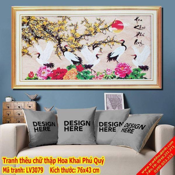 Tranh thêu chữ thập Hoa Khai Phú Quý LV3079