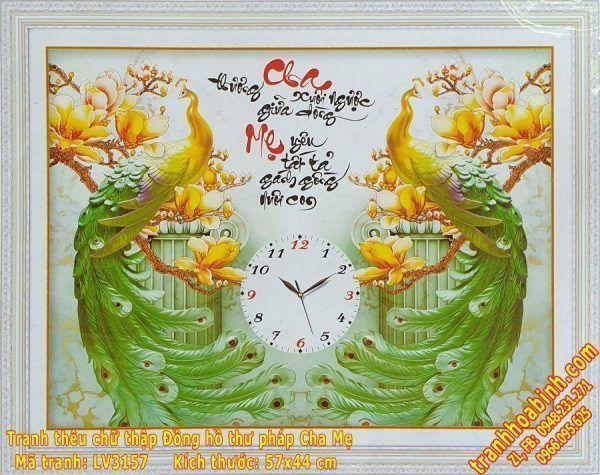 Tranh thêu chữ thập thư pháp Cha Mẹ LV3157 - Đồng hồ Chim Công