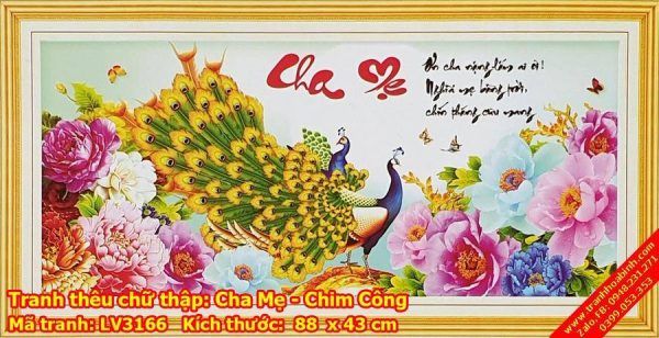 Tranh thêu chữ thập Chim Công thư pháp Cha Mẹ LV3166