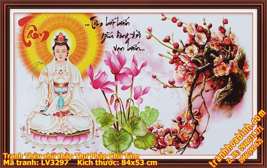 Tranh thêu chữ thập thư pháp chữ Tâm LV3297 - Phật Bà Quan Âm