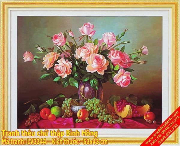 Tranh thêu chữ thập Bình Hoa Hồng LV3344