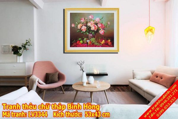 Tranh thêu chữ thập Bình Hoa Hồng LV3344