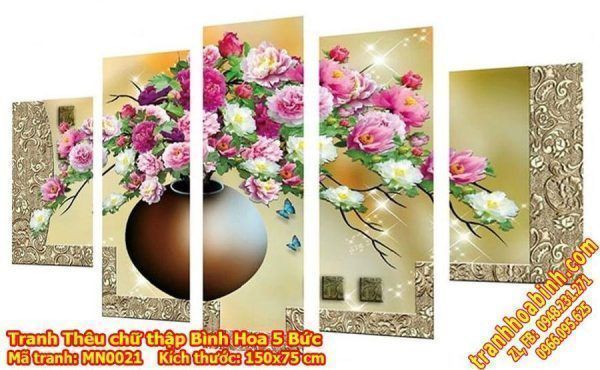 Tranh thêu chữ thập Bình Hoa Mẫu Đơn 5 bức MN0021