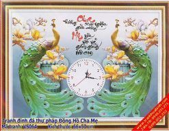 Tranh đính đá đồng hồ chữ thư pháp Cha Mẹ VS064 - Chim Công Hoa Lan