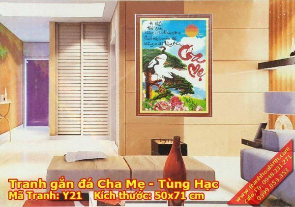 Tranh gắn đá thư pháp Cha Mẹ - Tùng Hạc Y21