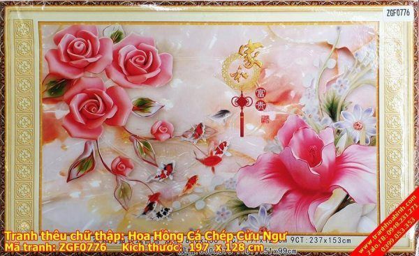 Tranh thêu chữ thập Hoa Hồng Cá Chép Cửu Ngư ZGF0776