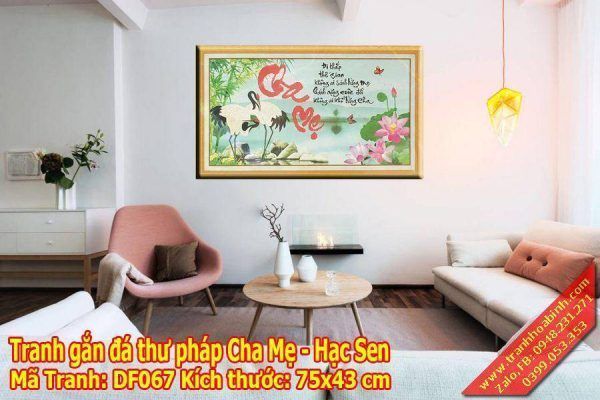 Tranh gắn đá chữ Cha Mẹ Hạc Sen DF067